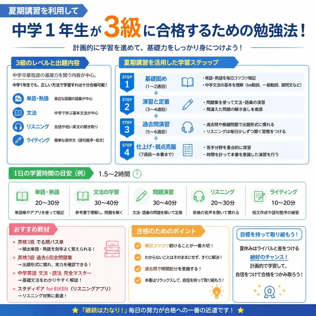 夏期講習を利用して中学1年生が3級に合格するための勉強法！